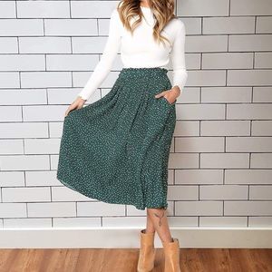 High Waist Polka Dot Midi Skirt w/ Pockets